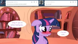 Size: 1280x720 | Tagged: safe, artist:hakunohamikage, derpibooru import, twilight sparkle, twilight sparkle (alicorn), alicorn, pony, ask-princesssparkle, blatant lies, blushing, cute, floppy ears, golden oaks library, i'm not cute, solo, twiabetes