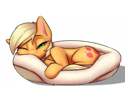 Size: 2550x1800 | Tagged: safe, artist:captainpudgemuffin, derpibooru import, applejack, pony, alternate hairstyle, applecat, behaving like a cat, collar, commission, cute, implied lesbian, implied rarijack, implied shipping, jackabetes, looking at you, pet bed, pixie cut, solo