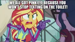 Size: 888x499 | Tagged: safe, derpibooru import, edit, edited screencap, screencap, sci-twi, sunset shimmer, twilight sparkle, equestria girls, friendship games, angry, discovery family logo, exploitable meme, image macro, meme, rick and morty, sunset yells at twilight