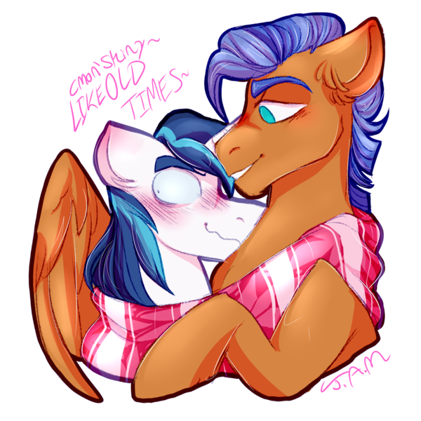 Size: 2500x2500 | Tagged: safe, artist:ihasjessie-kat, derpibooru import, shining armor, spearhead, pegasus, pony, unicorn, a flurry of emotions, blushing, clothes, cuddling, gay, male, scarf, shipping, spearmor, stallion