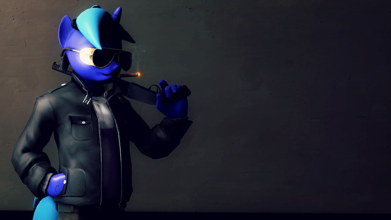 Size: 1280x720 | Tagged: safe, artist:jojobibou, derpibooru import, oc, unofficial characters only, anthro, unicorn, 3d, clothes, gun, jacket, male, shotgun, solo, source filmmaker, stallion, sunglasses, weapon