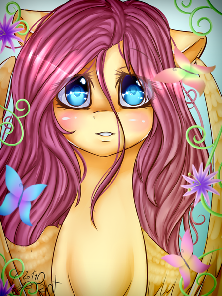 Size: 768x1024 | Tagged: safe, artist:wolfchen999, derpibooru import, fluttershy, pegasus, pony, blue eyes, colored pupils, female, flower, looking at you, mare, solo