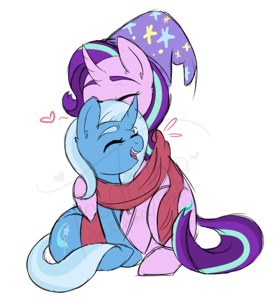 Size: 840x912 | Tagged: safe, artist:toods, derpibooru import, starlight glimmer, trixie, pony, unicorn, accessory swap, clothes, commission, couple, cute, diatrixes, eyes closed, female, fluffy, glimmerbetes, happy, hat, heart, hug, lesbian, open mouth, scarf, shared clothing, shared scarf, shipping, simple background, sitting, size difference, smiling, startrix, transparent background, trixie's hat, watermark