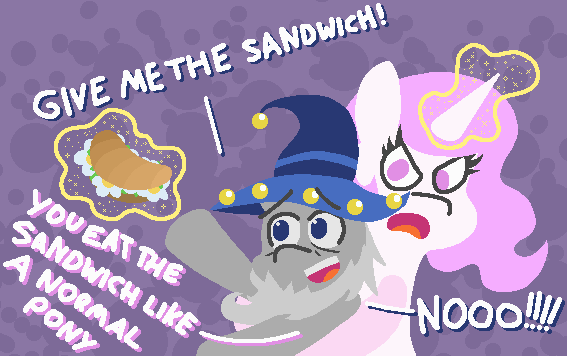 Size: 567x357 | Tagged: safe, artist:threetwotwo32232, derpibooru import, princess celestia, star swirl the bearded, alicorn, pony, two best sisters play, female, food, magic, mare, patlestia, pink-mane celestia, sandwich, telekinesis, two best friends play