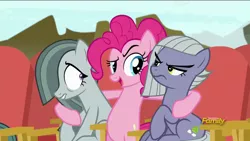 Size: 1920x1080 | Tagged: safe, derpibooru import, screencap, limestone pie, marble pie, pinkie pie, pony, rock solid friendship, annoyed, discovery family logo, hug