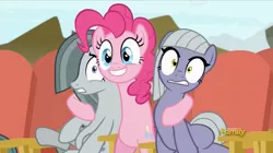 Size: 914x512 | Tagged: safe, derpibooru import, screencap, limestone pie, marble pie, pinkie pie, pony, rock solid friendship, discovery family logo, hug