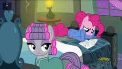 Size: 1920x1080 | Tagged: safe, derpibooru import, screencap, maud pie, pinkie pie, pony, rock solid friendship, chart, clothes, discovery family logo, footed sleeper, hair curlers, pajamas