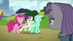 Size: 1920x1088 | Tagged: safe, derpibooru import, screencap, bon bon, lyra heartstrings, maud pie, pinkie pie, sweetie drops, pony, rock solid friendship, bon bon is not amused, butt touch, discovery family logo, hoof on butt, pushing, rump push, unamused