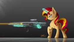 Size: 2500x1407 | Tagged: safe, artist:duskie-06, derpibooru import, sunset shimmer, pony, unicorn, binary rifle, butt fluff, chest fluff, crossover, crying, cutie mark, ear fluff, female, glowing horn, gun, halo (series), halo 4, heart, hooves, horn, laser, levitation, magic, mare, optical sight, plot, raised hoof, reflection, rifle, serious, serious face, signature, sniper rifle, solo, teeth, telekinesis, underhoof, weapon