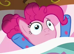 Size: 1054x774 | Tagged: safe, derpibooru import, screencap, pinkie pie, pony, rock solid friendship, bed, clothes, faic, footed sleeper, pajamas, ponk, realization, shocked, sleep is for the weak, solo, thousand yard stare, wide eyes