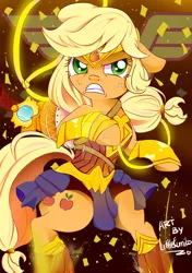 Size: 1024x1453 | Tagged: safe, artist:kumikoponylk, derpibooru import, applejack, earth pony, pony, angry, armor, rope, solo, sword, weapon, wonder woman, wonderjack