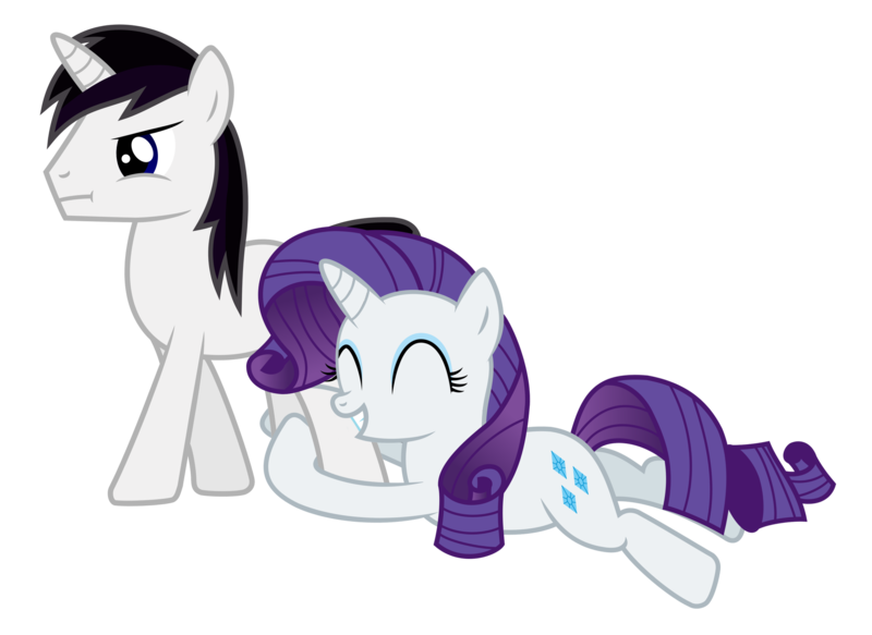 Size: 2690x1959 | Tagged: safe, artist:meandmyideas, derpibooru import, rarity, oc, oc:barrfind, pony, unicorn, :t, canon x oc, dragging, eyes closed, female, holding legs, male, rarifind, shipping, simple background, smiling, stallion, straight, transparent background, vector