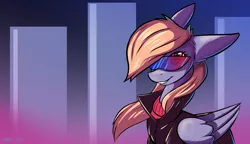 Size: 2308x1328 | Tagged: safe, artist:quadrog, derpibooru import, derpy hooves, pegasus, pony, abstract background, clothes, derpfest, female, folded wings, grin, hair over one eye, jacket, leather jacket, mare, retro, smiling, solo, sunglasses, sweater, turtleneck, windswept mane
