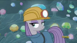 Size: 1920x1080 | Tagged: safe, derpibooru import, screencap, maud pie, earth pony, pony, rock solid friendship, cute, discovery family logo, gem, gem cave, helmet, irrational exuberance, maudabetes, mine, mining helmet, smiling, solo, when she smiles