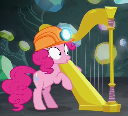 Size: 437x397 | Tagged: safe, derpibooru import, screencap, pinkie pie, earth pony, pony, rock solid friendship, cropped, diegetic music, female, gem, gem cave, hard hat, harp, hat, helmet, mare, mine, mining helmet, musical instrument, solo