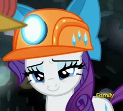 Size: 524x474 | Tagged: safe, derpibooru import, screencap, rarity, pony, unicorn, rock solid friendship, cropped, cute, discovery family logo, female, hard hat, hat, helmet, lidded eyes, mare, mine, mining helmet, raribetes, solo