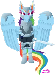 Size: 1024x1365 | Tagged: safe, artist:vanillaswirl6, derpibooru import, rainbow dash, pegasus, pony, semi-anthro, :o, armor, bipedal, boots, breastplate, clothes, colored eyelashes, colored pupils, ear fluff, fantasy class, female, helmet, hoof hold, knee pads, knight, looking at you, midieval, multicolored hair, open mouth, photoshop, signature, simple background, solo, sword, transparent background, warrior, weapon, wing fluff, wing protectors
