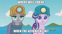 Size: 896x499 | Tagged: safe, derpibooru import, edit, edited screencap, screencap, maud pie, starlight glimmer, pony, rock solid friendship, discovery family logo, helmet, implied drugs, meme, mining helmet, shrunken pupils, where will you be when the drugs kick in?