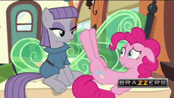 Size: 640x360 | Tagged: suggestive, derpibooru import, edit, edited screencap, editor:corpulentbrony, screencap, maud pie, pinkie pie, pony, rock solid friendship, animated, begging, brazzers, female, gif, implied incest, implied shipping, incest, lesbian, out of context, piecest, presenting, public, shipping, train
