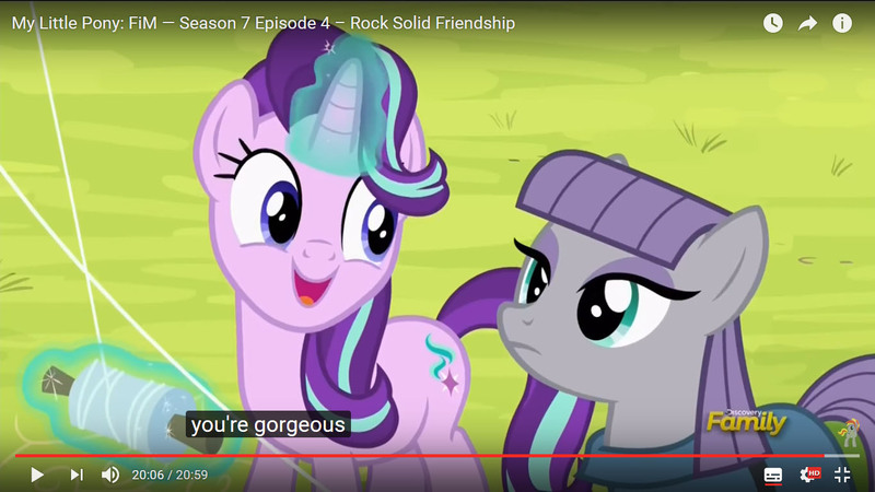 Size: 1366x768 | Tagged: safe, derpibooru import, screencap, maud pie, starlight glimmer, pony, rock solid friendship, discovery family logo, harsher in hindsight, implied lesbian, implied shipping, implied starmaud, meme, youtube, youtube caption