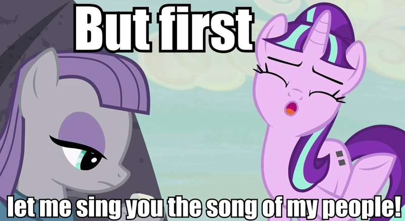 Size: 960x524 | Tagged: safe, derpibooru import, edit, edited screencap, screencap, maud pie, starlight glimmer, pony, rock solid friendship, equal cutie mark, image macro, meme, song of my people