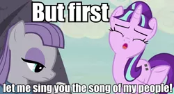 Size: 960x524 | Tagged: safe, derpibooru import, edit, edited screencap, screencap, maud pie, starlight glimmer, pony, rock solid friendship, equal cutie mark, image macro, meme, song of my people