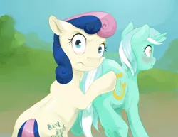 Size: 3300x2550 | Tagged: safe, artist:silfoe, derpibooru import, bon bon, lyra heartstrings, sweetie drops, earth pony, pony, unicorn, rock solid friendship, blushing, bon bon is not amused, butt grab, butt touch, female, grope, hoof on butt, jealous, lesbian, looking at you, lyrabon, lyrebutt, mare, mine!, plot, pushing, rump push, scene interpretation, shipping, unamused, underhoof