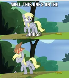 Size: 808x916 | Tagged: safe, derpibooru import, edit, edited screencap, screencap, derpy hooves, pegasus, pony, rock solid friendship, abuse, derpybuse, discovery family logo, female, food, mare, pizza, pizza delivery, screencap comic, spongebob squarepants, tomato, tomatoes