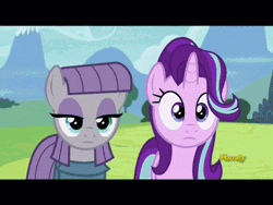 Size: 480x360 | Tagged: safe, derpibooru import, edit, edited screencap, screencap, maud pie, pinkie pie, starlight glimmer, pony, rock solid friendship, animated, caption, discovery family logo, gif, gif with captions, implied lesbian, pizza delivery, pizza head, starmaud