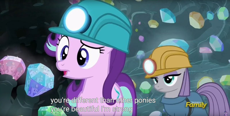 Size: 1920x970 | Tagged: safe, derpibooru import, screencap, maud pie, starlight glimmer, pony, rock solid friendship, discovery family logo, hard hat, harsher in hindsight, hat, helmet, implied lesbian, implied shipping, implied starmaud, meme, mining helmet, youtube caption