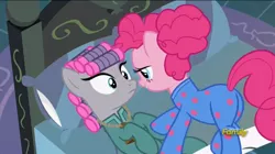 Size: 720x404 | Tagged: safe, derpibooru import, screencap, maud pie, pinkie pie, pony, rock solid friendship, bed, clothes, discovery family logo, footed sleeper, hair curlers, lidded eyes, out of context, pajamas