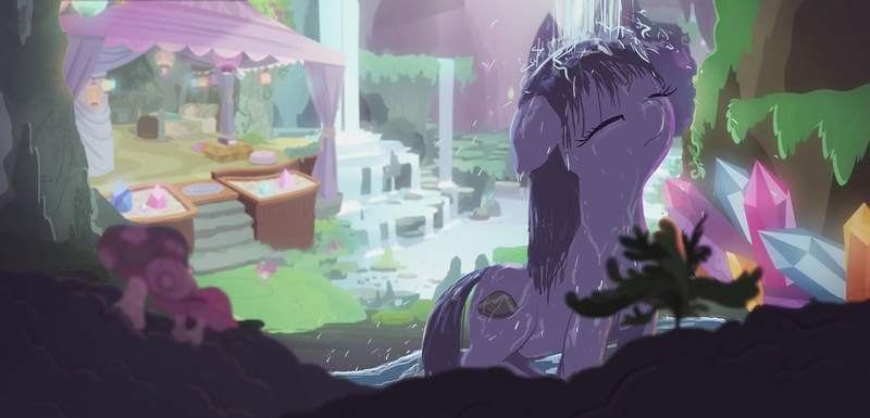 Size: 1336x643 | Tagged: safe, artist:raikoh, derpibooru import, maud pie, earth pony, pony, snail, rock solid friendship, bath, bathing, cave, crystal, cute, dark, eyes closed, female, floppy ears, frown, gem, mare, maud's cave, messy mane, mushroom, outdoor bathing, outdoors, scenery, solo, water, waterfall, waterfall shower, wet, wet mane