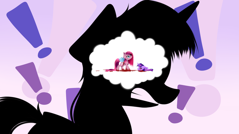 Size: 3309x1861 | Tagged: semi-grimdark, artist:lixthefork, derpibooru import, pinkie pie, twilight sparkle, pony, fanfic:cupcakes, blood, dead, decapitated, exploitable meme, implied murder, meme, paranoia, pinkamena diane pie, severed head, subversion, subverted meme, twilight's bottled thoughts