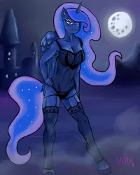 Size: 4000x5000 | Tagged: absurd resolution, anthro, artist:shellshoker, belly button, breasts, busty princess luna, cleavage, clothes, derpibooru import, female, garters, hair over one eye, leotard, lingerie, moon, night, panties, princess luna, solo, solo female, stockings, suggestive, thigh highs, underass, underwear, unguligrade anthro