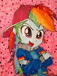 Size: 1024x1370 | Tagged: safe, artist:berrydiamond93, derpibooru import, rainbow dash, equestria girls, spoiler:eqg specials, backwards ballcap, baseball cap, cap, clothes, crossed arms, female, hat, looking at you, open mouth, rapper, rapper dash, singing, solo, traditional art, watermark