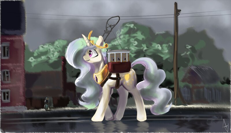 Size: 4950x2859 | Tagged: safe, artist:alexandrvirus, derpibooru import, princess celestia, alicorn, pony, absurd resolution, city, female, mare, power line, solo, streetcar, tram