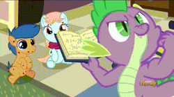 Size: 720x404 | Tagged: a flurry of emotions, animated, book, clothes, derpibooru import, discovery family logo, dragon, first base, flexing, gif, horsey hives, peach fuzz, ponyville hospital, safe, scarf, screencap, scribbles, spike