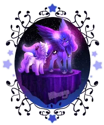 Size: 1000x1200 | Tagged: safe, artist:cabbage-arts, derpibooru import, princess luna, oc, oc:tender dream, pony, unicorn, floating island, glowing horn, simple background, spread wings, stars, transparent background