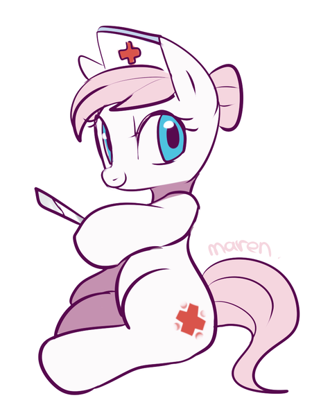 Size: 860x1083 | Tagged: safe, artist:maren, derpibooru import, nurse redheart, earth pony, pony, cute, female, heartabetes, looking at you, mare, nurse, old cutie mark, simple background, sitting, smiling, solo, white background