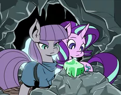 Size: 1344x1059 | Tagged: safe, artist:reiduran, derpibooru import, maud pie, starlight glimmer, earth pony, pony, unicorn, rock solid friendship, cave, clothes, dress, duo, emerald, eyes on the prize, eyeshadow, gem, makeup