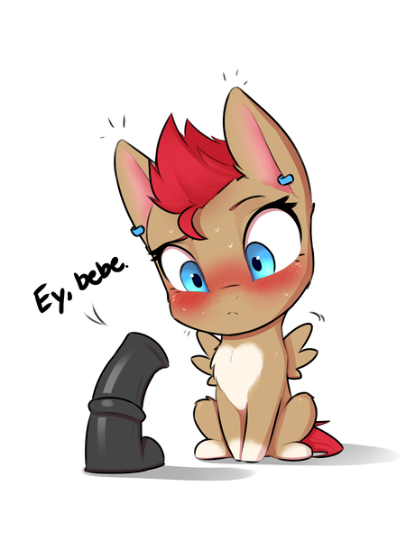 Size: 1800x2400 | Tagged: questionable, artist:captainpudgemuffin, derpibooru import, oc, oc:avery softequine, unofficial characters only, pegasus, pony, blushing, chest fluff, chibi, dildo, ear piercing, female, horsecock dildo, mare, piercing, sex toy, sitting, sweat, wat