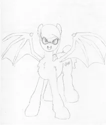 Size: 3110x3692 | Tagged: safe, artist:andandampersand, derpibooru import, oc, oc:lillian, unofficial characters only, bat pony, pony, art trade, lineart, monochrome, simple background, solo, spread wings, traditional art, wings, wip