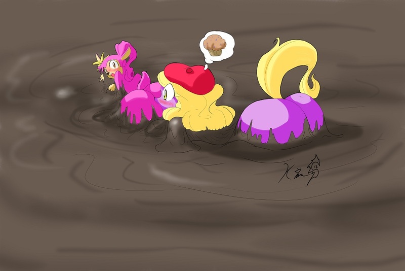 Size: 1055x704 | Tagged: questionable, artist:kei-waza, derpibooru import, oc, oc:cleveryuki, oc:deerliadeerling, unofficial characters only, pony, ass, blushing, butt, mud, muddy, quicksand, sticky, stuck