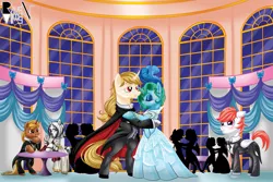 Size: 3007x2009 | Tagged: safe, artist:allocen, derpibooru import, oc, oc:clear diamond, oc:fluffy pillow, oc:regal inkwell, oc:sunny smiles, oc:tacita, unofficial characters only, pony, ballroom dancing, butler, clothes, dancing, dress, suit, tuxedo