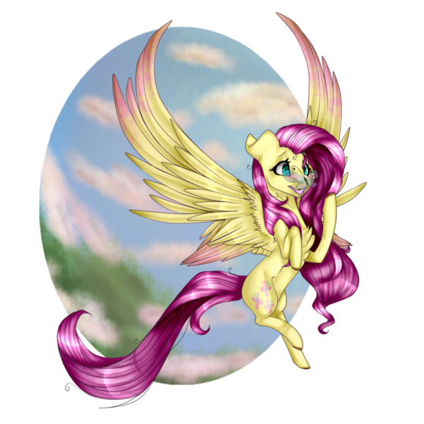 Size: 1024x1024 | Tagged: safe, artist:xxmissteaxx, derpibooru import, fluttershy, butterfly, pony, chest fluff, cloud, colored wings, colored wingtips, female, insect on nose, large wings, mare, simple background, sky, smiling, solo, spread wings, transparent background, wings