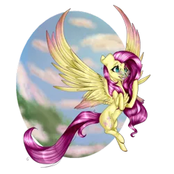 Size: 1024x1024 | Tagged: safe, artist:xxmissteaxx, derpibooru import, fluttershy, butterfly, pony, chest fluff, cloud, colored wings, colored wingtips, female, insect on nose, large wings, mare, simple background, sky, smiling, solo, spread wings, transparent background, wings