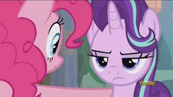 Size: 1920x1080 | Tagged: safe, derpibooru import, screencap, pinkie pie, starlight glimmer, pony, rock solid friendship, discovery family logo, lidded eyes, starlight is not amused, unamused