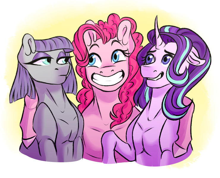 Size: 2603x2108 | Tagged: safe, artist:micky-ann, derpibooru import, maud pie, pinkie pie, starlight glimmer, pony, unicorn, rock solid friendship, clothes, curved horn, eyeshadow, female, grin, lidded eyes, makeup, mare, muscles, pie sisters, siblings, sisters, smiling, trio
