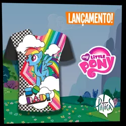 Size: 1000x1000 | Tagged: safe, derpibooru import, official, rainbow dash, pony, brazil, checkered, clothes, cloud, facebook, merchandise, my little pony logo, piticas, portuguese, radical, rainbow, shirt, solo, t-shirt