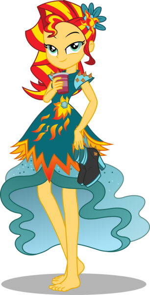 Size: 1222x2400 | Tagged: safe, artist:seahawk270, derpibooru import, sunset shimmer, equestria girls, legend of everfree, barefoot, clothes, cup, dress, feet, high heels, holding shoes, legend of everfeet, lidded eyes, looking at you, simple background, smiling, solo, transparent background